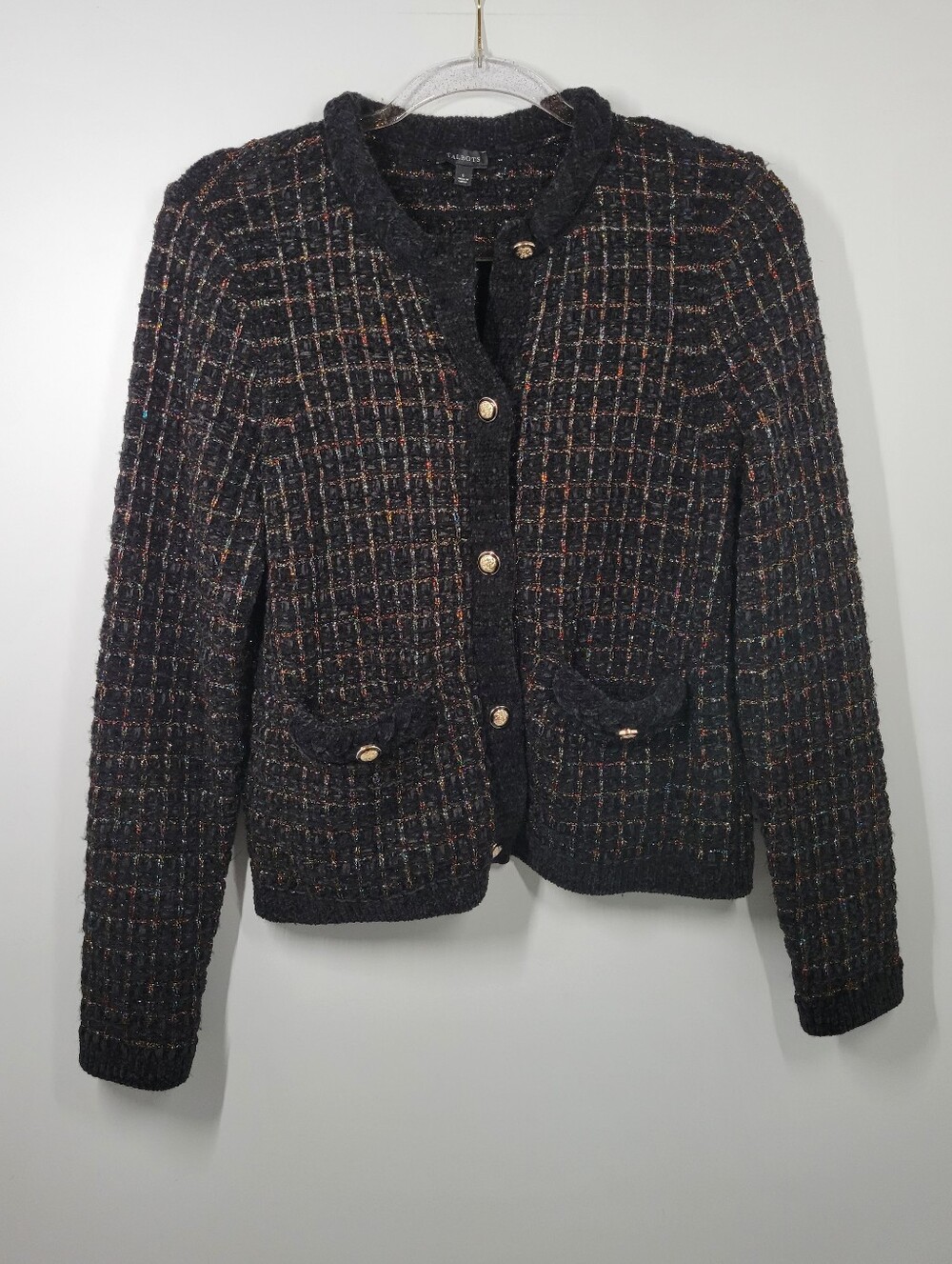 Talbots Black Chenille Metallic Wool Blend Button Blazer Jacket Pockets Women S